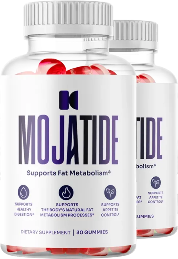 Two white MojaTide gummy bottles with purple wordmarks