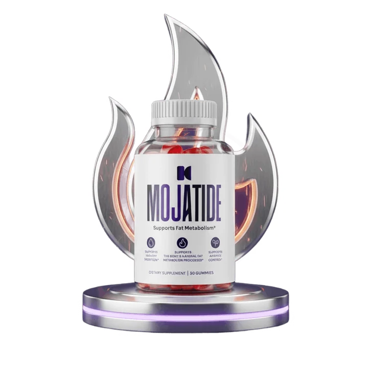 A MojaTide gummy bottle standing on a pedestal in front of a stylised flame